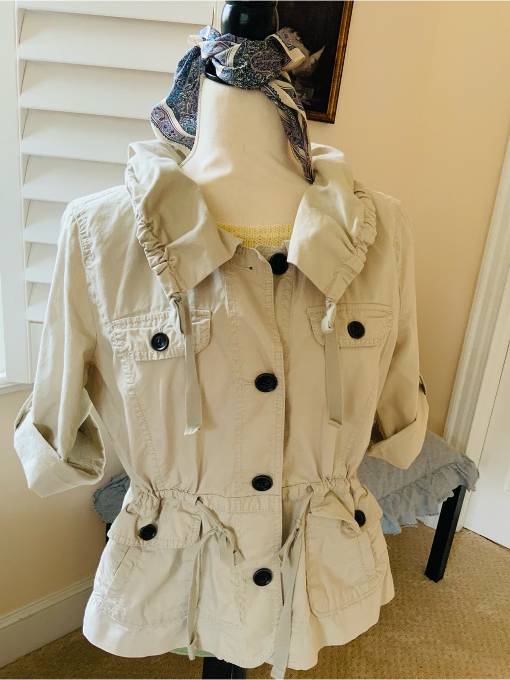 Ann Taylor LOFT Khaki Utility Trench Jacket with Contrast Buttons